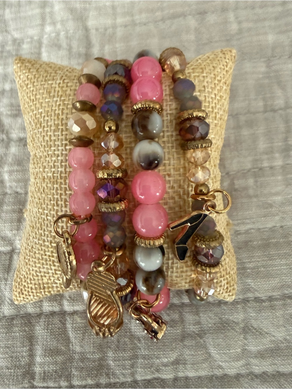 Pink and Gold Beaded Charm Stackable Women's Bracelet Set of 4